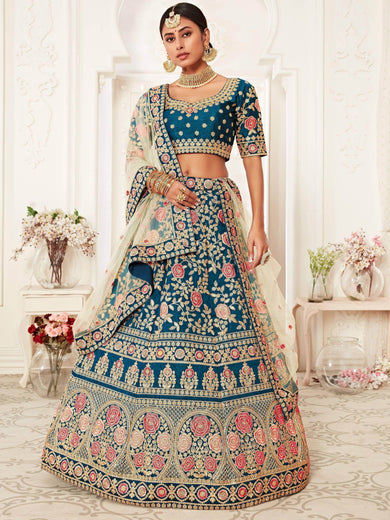 Blue Rose Embroidered Silk Bridal Lehenga Choli